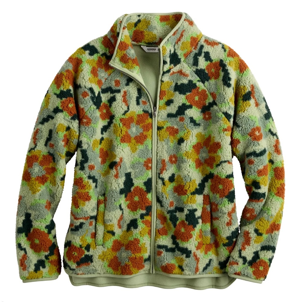 Green Floral Full Zip Sherpa Fleece-Lined Jacket - Size XL